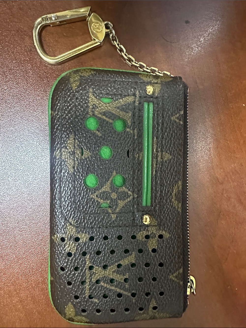 Louis Vuitton Brown Monogram Leather Keyring Phone Pouch with Green Trim